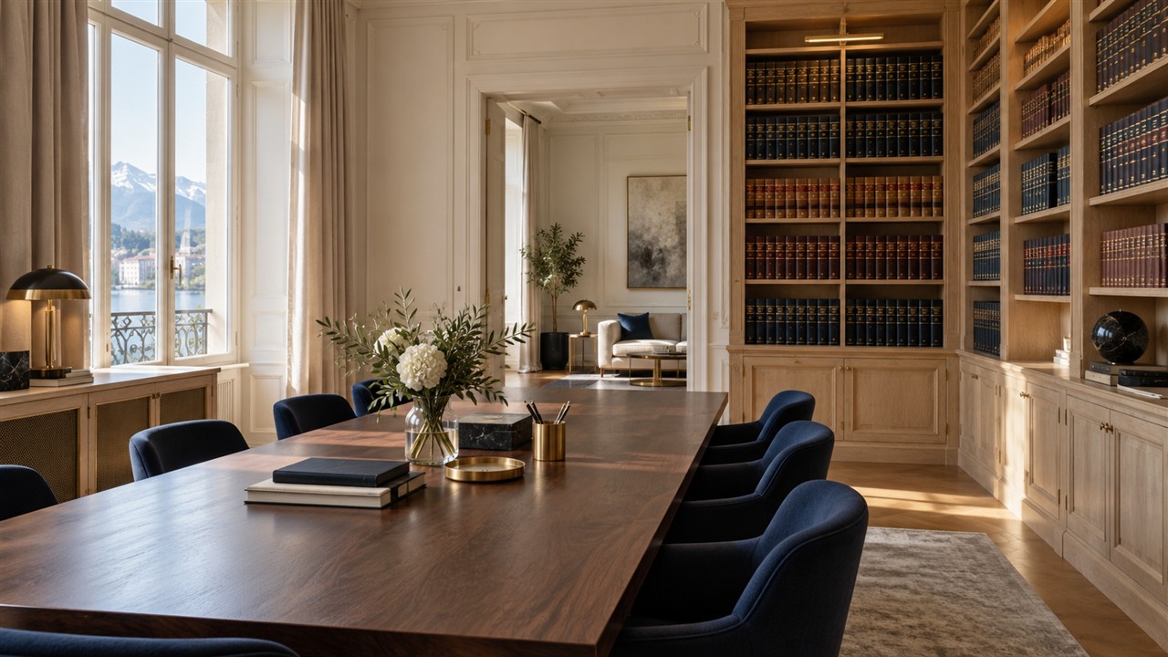 Bibliothèque juridique dans un bureau lumineux, sans personnes